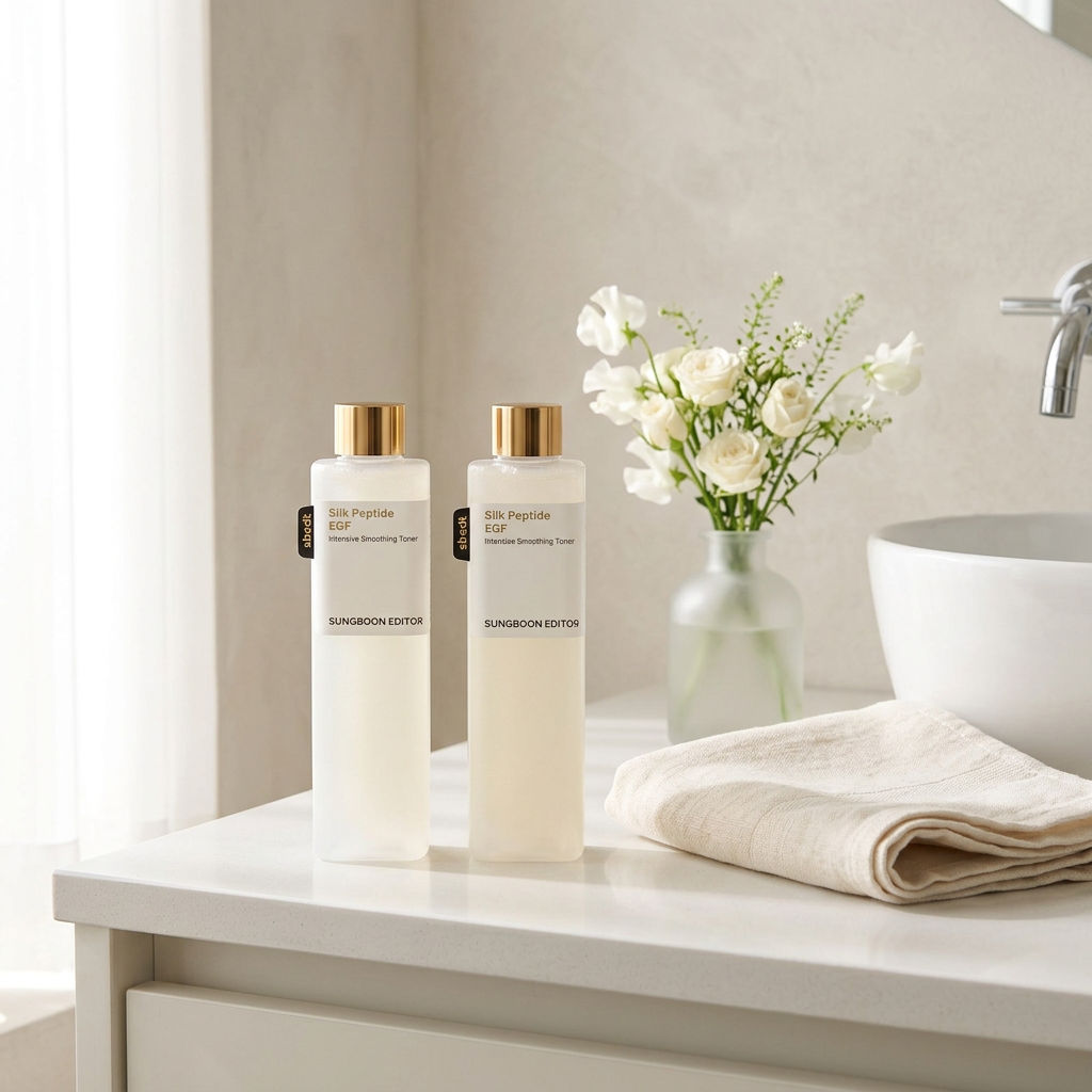 Silk Peptide EGF Toner Duo on a bathroom vanity