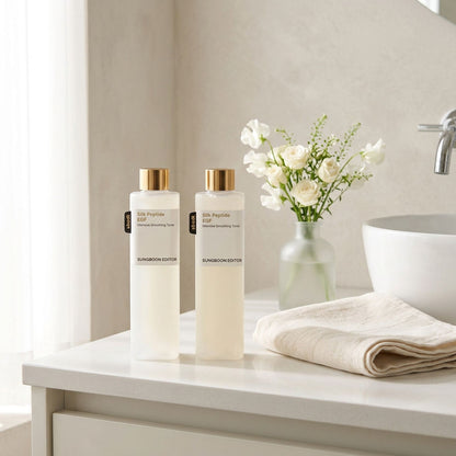 Silk Peptide EGF Toner Duo on a bathroom vanity